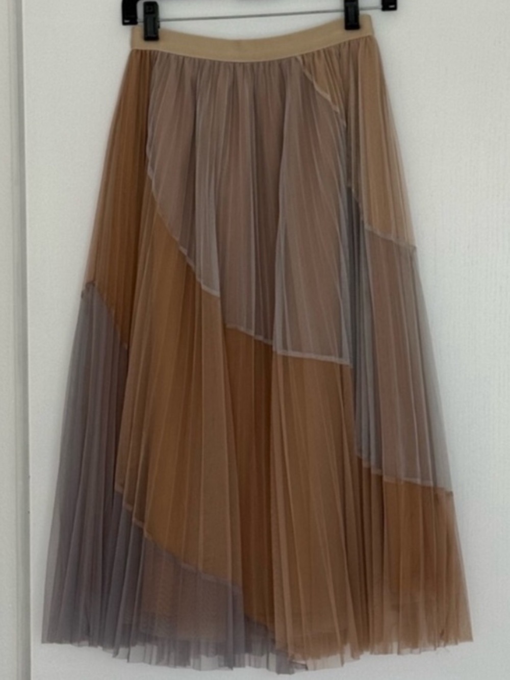 Pleated Layered Tulle Maxi Skirt in Brown and Taupe